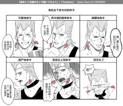 Rule 34 | 2boys, blue eyes, chart, chinese commentary, chinese text, choker, commentary request, cup, earrings, eyepatch, flattop, grey hair, grin, highres, jean pierre polnareff, jewelry, jojo no kimyou na bouken, limited palette, male focus, mug, multiple boys, open mouth, pointing, scar, scar across eye, shoulder pads, smile, stardust crusaders, tears, translation request, vento aureo, widow&#039;s peak, yanglao paopaoren
