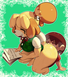 Rule 34 | 1boy, 1girl, animal crossing, animal ears, animal hands, ass, barefoot, bell, black eyes, blonde hair, blush stickers, body fur, bottomless, breasts, brown hair, butt crack, closed eyes, dog ears, dog girl, dog tail, english text, face in ass, full body, furry, furry female, furry with non-furry, green background, green vest, hair bell, hair ornament, hair tie, half-closed eyes, hands up, hetero, highres, holding, interspecies, isabelle (animal crossing), jingle bell, lilmoonie, looking back, medium breasts, neck ribbon, nintendo, open mouth, outline, paper, plaid, plaid vest, red ribbon, red shirt, ribbon, shiny skin, shirt, short hair, short sleeves, simple background, smile, solo focus, squatting, steam, steaming body, sweat, tail, teeth, textless version, thick thighs, thighs, topknot, two-tone fur, vest, villager (animal crossing), white fur, white outline, white shirt, wide hips, yellow fur