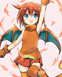 Rule 34 | 1girl, :d, amano kouki, arm up, bare shoulders, blue eyes, blush, brown gloves, brown hair, charizard, creatures (company), fiery tail, fingerless gloves, fire, fire, flame-tipped tail, game freak, gen 1 pokemon, gloves, hair flaps, highres, knee up, looking at viewer, monster girl, nintendo, open mouth, orange thighhighs, personification, pink background, pleated skirt, pokemon, red skirt, simple background, sketch, skirt, sleeveless, smile, solo, sweater vest, tail, tareme, thighhighs, turtleneck, wings, zettai ryouiki