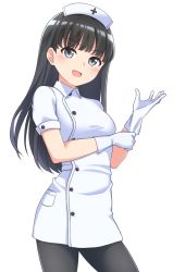 Rule 34 | 1girl, amagami, ayatsuji tsukasa, black hair, black pantyhose, commentary request, contrapposto, cowboy shot, dress, feilong (rong0102), gloves, grey eyes, hat, long hair, nurse cap, pantyhose, rubber gloves, simple background, solo, white background, white dress, white gloves