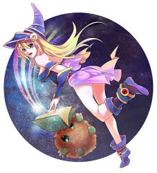 Rule 34 | 1girl, back, bare shoulders, blonde hair, blue eyes, blue footwear, book, boots, dark magician girl, detached sleeves, duel monster, floating book, floating object, hat, kuriboh, long hair, looking back, skirt, wakkoro, wakkoro (pixiv466018), witch hat, wizard hat, yu-gi-oh!, yuu-gi-ou, yu-gi-oh! duel monsters