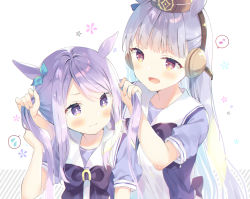 Rule 34 | 2girls, :d, animal ears, blouse, blue ribbon, blue shirt, blush, bow, brown headwear, bunching hair, closed mouth, commentary request, ear covers, ear ribbon, eighth rest, flying sweatdrops, gold ship (umamusume), hat, horse ears, long hair, mejiro mcqueen (umamusume), mini hat, multiple girls, musical note, open mouth, puffy short sleeves, puffy sleeves, purple bow, purple eyes, purple hair, purple shirt, red eyes, ribbon, school uniform, shirt, short sleeves, silver hair, smile, spoken flying sweatdrops, spoken musical note, tracen school uniform, twintails, umamusume, upper body, very long hair, wavy mouth, white background, yuizaki kazuya