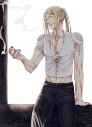 Rule 34 | 1boy, abs, black nails, black pants, blonde hair, blue eyes, cigarette, fate/grand order, fate (series), flapper shirt, holding, holding cigarette, jewelry, long hair, looking at viewer, male focus, medallion, midriff, muscular, muscular male, necklace, no eyewear, no jacket, pants, ponytail, shirt, shoulder tattoo, smile, smoke, solo, tattoo, tezcatlipoca (fate), white background, white shirt, yuuzuki230