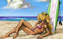 Rule 34 | 1girl, beach, bikini, blonde hair, blue eyes, bracelet, breasts, cloud, crown, jewelry, mario (series), nintendo, ocean, outdoors, princess peach, sand, sky, smile, solo, sunglasses, super mario bros. 1, surfboard, swimsuit