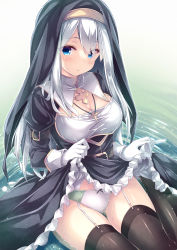 Rule 34 | 1girl, black dress, black thighhighs, blue eyes, bow, bow panties, breasts, cleavage, commentary request, dress, eyes visible through hair, frilled dress, frills, garter straps, gloves, highres, juliet sleeves, long sleeves, looking at viewer, medium breasts, nun, original, panties, puffy sleeves, ryo (botugo), shallow water, silver hair, sitting, sleeves past wrists, solo, thigh gap, thighhighs, underwear, veil, water, wet, white gloves, white panties