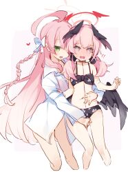 Rule 34 | 2girls, @ @, bikini, black bikini, black bow, black wings, blue archive, blush, bow, braid, commentary request, flat chest, floral print, full-face blush, green eyes, hair bow, halo, hanako (blue archive), hanako (swimsuit) (blue archive), hand on another&#039;s stomach, head wings, highres, koharu (blue archive), koharu (swimsuit) (blue archive), long hair, low twintails, low wings, multiple girls, official alternate costume, pink eyes, pink hair, print bikini, shirt, single braid, swimsuit, twintails, very long hair, white bow, white shirt, wings, yun (dust-i1)
