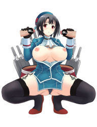 Rule 34 | 10s, 1girl, beret, black hair, breasts, censored, double handjob, garter straps, group sex, handjob, hat, kantai collection, mmf threesome, multiple penises, nipples, penis, personification, red eyes, sex, short hair, solo focus, spread legs, squatting, takao (kancolle), thighhighs, threesome, yayo325
