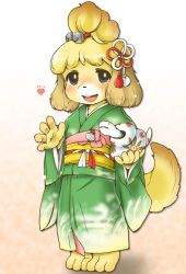 Rule 34 | 1girl, alternate costume, animal crossing, animal ears, animal nose, barefoot, blonde hair, blue eyes, blush, body fur, commentary request, dog ears, dog girl, dog tail, furry, furry female, green kimono, hair ornament, heart, isabelle (animal crossing), japanese clothes, kimono, long sleeves, looking at viewer, nintendo, obi, open mouth, sash, setouchi kurage, smile, solo, tail, topknot, wide sleeves, yellow fur