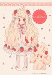 Rule 34 | 1girl, alcremie, alcremie (strawberry sweet), alcremie (vanilla cream), blonde hair, bow, character name, creature and personification, creatures (company), dated, dress, food, fruit, full body, game freak, gen 8 pokemon, heart, highres, looking at viewer, narumame, nintendo, personification, pink bow, poke ball, poke ball (basic), pokedex number, pokemon, pokemon (creature), red eyes, short sleeves, socks, standing, strawberry, striped clothes, striped legwear, striped socks, twitter username, vertical-striped clothes, vertical-striped socks, white dress, white footwear