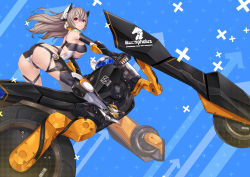 Rule 34 | 1girl, arrow (symbol), ass, blush, boots, breasts, commentary request, full body, headgear, large breasts, long hair, looking back, motor vehicle, motorcycle, nidy, original, photoshop (medium), red eyes, revealing clothes, riding, silver hair, smile, solo, thigh boots, thighhighs, three-wheeler, trike, vehicle