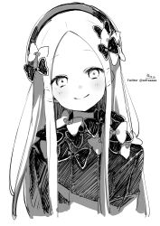 Rule 34 | 1girl, abigail williams (fate), absurdres, blush, bow, closed mouth, cropped torso, dress, fate/grand order, fate (series), forehead, greyscale, hair bow, hat, highres, long hair, looking at viewer, monochrome, multiple hair bows, parted bangs, signature, simple background, smile, sofra, solo, twitter username, upper body, white background