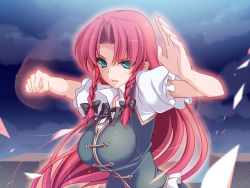 Rule 34 | 1girl, aqua eyes, aura, braid, breasts, chinese clothes, cloud, earrings, fighting stance, green eyes, hair ribbon, hong meiling, jewelry, large breasts, long hair, looking at viewer, monety, no headwear, open mouth, red hair, ribbon, sky, solo, touhou, twin braids, upper body, very long hair