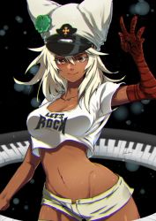 Rule 34 | 1girl, artist name, bandaged arm, bandages, breasts, brown eyes, cleavage, closed mouth, clover, collarbone, commentary request, cropped shirt, dark-skinned female, dark skin, four-leaf clover, guilty gear, guilty gear strive, hand up, hat, highres, kusu (moo1225), lips, long hair, looking at viewer, medium breasts, midriff, navel, ramlethal valentine, shiny skin, short shorts, short sleeves, shorts, signature, simple background, smile, stomach, white hair
