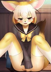 Rule 34 | 1girl, :d, absurdres, alternate costume, animal ear fluff, animal ears, animal nose, bag, between legs, blonde hair, blush, bow, bowtie, brown eyes, deku suke, fang, fennec (kemono friends), fox ears, fox girl, fox tail, furrification, furry, furry female, hand between legs, highres, kemono friends, long sleeves, looking at viewer, multicolored hair, open mouth, sailor collar, school bag, school uniform, short hair, sitting, sleeves past wrists, smile, solo, tail, thighhighs, wooden floor, yellow bow, yellow bowtie, yellow fur, yellow thighhighs