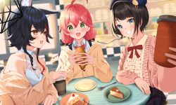 3girls absurdres ahoge animal_ears aqua_eyes aran_sweater arm_on_table arm_rest beret black_hair blush brown_cardigan cable_knit cake cake_slice cardigan collared_shirt dessert elbow_on_table food fork frilled_shirt frills green_eyes grin hat highres holding holding_food hololive indoors komiya_latte long_sleeves looking_at_another looking_at_food looking_at_viewer medium_hair multicolored_hair multiple_girls neck_ribbon official_alternate_costume ookami_mio ookami_mio_(street) oozora_subaru oozora_subaru_(casual) pink_hair pink_sweater plate red_hair red_ribbon ribbon sakura_miko sakura_miko_(casual) shirt short_hair sleeveless sleeveless_sweater smile spiked_hair sweater table taiyaki twintails virtual_youtuber wagashi white_shirt white_sweater wolf_ears wolf_girl yellow_cardigan yellow_eyes