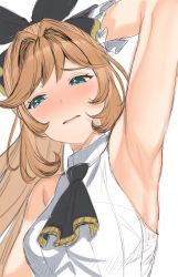 Rule 34 | 1girl, aldehyde, aqua eyes, arm behind head, armpits, black necktie, blonde hair, blush, clarisse (granblue fantasy), commentary request, embarrassed, facing viewer, granblue fantasy, highres, long hair, looking to the side, necktie, nose blush, ponytail, ribbed sweater, sidelocks, sleeveless, sleeveless sweater, solo, sweater, turtleneck, turtleneck sweater, white background, white sweater