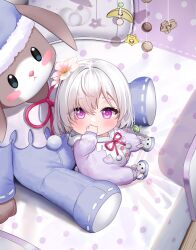 1girl aged_down animal_slippers baby blush commission flower hair_flower hair_ornament hand_up highres indoors ine_(ineinnen) king&#039;s_raid lavril_(king&#039;s_raid) looking_at_viewer mobile pacifier pixiv_commission purple_eyes sitting slippers stuffed_animal stuffed_rabbit stuffed_toy symbol-shaped_pupils white_hair