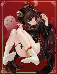 Rule 34 | 1girl, :p, absurdres, ankle strap, black jacket, black nails, breasts, brown hair, chinese clothes, coattails, feet, flower, full body, genshin impact, ghost, ghost pose, hair between eyes, hands up, hat, hat flower, highres, hu tao (genshin impact), jacket, jewelry, knees together feet apart, knees up, legs, long hair, multiple rings, nail polish, no pants, no shoes, porkpie hat, red eyes, ring, sawkm, small breasts, socks, solo, star-shaped pupils, star (symbol), symbol-shaped pupils, tassel, thighs, tongue, tongue out, twintails, very long hair, white socks, wide sleeves