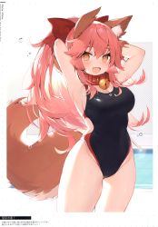 Rule 34 | 1girl, absurdres, animal ear fluff, animal ears, armpits, arms behind head, arms up, bell, blush, breasts, cleavage, closed mouth, collar, competition swimsuit, fate/grand order, fate (series), fox ears, fox girl, fox tail, highres, jingle bell, long hair, looking at viewer, medium breasts, muryotaro, one-piece swimsuit, open mouth, paw print, pink hair, ponytail, scan, shiny clothes, shiny skin, sidelocks, simple background, smile, solo, swimsuit, tail, tamamo (fate), tamamo cat (fate), thighs, water, water drop, wet, white background
