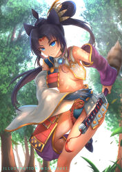 Rule 34 | 1girl, armor, asymmetrical clothes, asymmetrical sleeves, black hair, blue eyes, blue gloves, breast curtains, breasts, commentary request, dappled sunlight, day, detached sleeves, fate/grand order, fate (series), feather hair ornament, feathers, fighting stance, forest, gloves, hair ornament, hat, holding, holding sheath, holding sword, holding weapon, japanese armor, katana, kusazuri, long hair, medium breasts, mismatched sleeves, nature, open mouth, outdoors, parted bangs, purple sleeves, ready to draw, revealing clothes, scabbard, sheath, shoulder armor, side ponytail, single glove, single pantsleg, skyde kei, sode, solo, sunlight, sword, tassel, tate eboshi, ushiwakamaru (fate), very long hair, weapon, white sleeves, wide sleeves