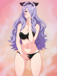 Rule 34 | 1girl, bare arms, bare legs, bare shoulders, bikini, black bikini, blush, breasts, camilla (fire emblem), cleavage, cowboy shot, finger to mouth, fire emblem, fire emblem fates, hair over one eye, highres, large breasts, legs, long hair, looking at viewer, navel, nintendo, purple eyes, purple hair, simple background, solo, standing, swimsuit, thighs, yuki (12cut)