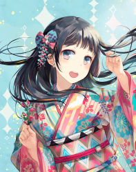 Rule 34 | 1girl, :d, black hair, blue eyes, commentary request, floating hair, floral print, flower, hands up, highres, holding, holding flower, japanese clothes, kimono, long hair, long sleeves, looking at viewer, naruse chisato, obi, open mouth, original, print kimono, red flower, sash, smile, solo, striped clothes, striped kimono, teeth, tourmaline, upper teeth only, vertical-striped clothes, vertical-striped kimono, wide sleeves