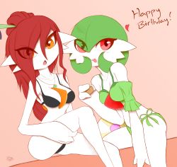 Rule 34 | 2girls, absurdres, alternate color, ball, bare shoulders, beachball, bikini, black bikini, blueman282, blush, breasts, cleavage, collarbone, creatures (company), crop top, dated, english text, eyes visible through hair, female focus, food, game freak, gardevoir, gen 3 pokemon, green bikini, green hair, green shirt, hair ornament, hair over one eye, hair stick, hand up, happy birthday, heart, highres, holding, jewelry, long hair, looking at viewer, medium breasts, multiple girls, necklace, nintendo, off shoulder, open mouth, orange eyes, pokemon, pokemon (creature), red background, red eyes, red hair, shirt, short hair, short sleeves, side-tie bikini bottom, signature, simple background, sitting, smile, swimsuit, tongue, tongue out