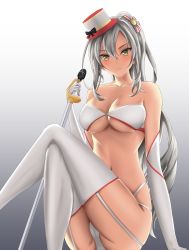 Rule 34 | 1girl, absurdres, azur lane, bare shoulders, bikini, blush, bra, breasts, cleavage, closed mouth, collarbone, drake (azur lane), elbow gloves, garter straps, gloves, grey hair, hair ornament, hand on floor, hat, highres, holding, holding microphone, holding sword, holding weapon, idol, long hair, looking at viewer, medium breasts, microphone, navel, on floor, panties, pantyshot, ponytail, royal navy, sitting, solo, swimsuit, sword, thighhighs, thighs, togare, underwear, weapon, white background, white bikini, white bra, white gloves, white panties, white thighhighs, yellow eyes