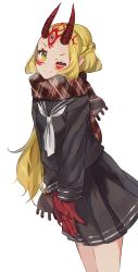 Rule 34 | 1girl, black sailor collar, black serafuku, black shirt, black skirt, blonde hair, blush, braid, checkered clothes, checkered scarf, claws, closed mouth, commentary, cowboy shot, english commentary, facial mark, fate/grand order, fate (series), horns, ibaraki douji (fate), long hair, looking at viewer, mochii, neckerchief, one eye closed, pleated skirt, sailor collar, scarf, school uniform, serafuku, shirt, skirt, smile, solo, standing, tattoo, third eye, white neckerchief, yellow eyes