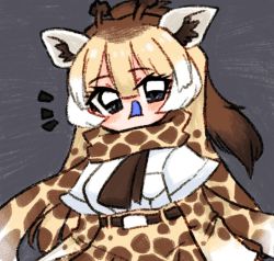 Rule 34 | 1girl, :q, animal ear fluff, animal ears, animal print, bad id, bad twitter id, belt, black eyes, blonde hair, blue tongue, brown hair, brown necktie, colored tongue, commentary, english commentary, giraffe ears, giraffe girl, giraffe horns, giraffe print, grey background, hair between eyes, high-waist skirt, horns, kelalapa, kemono friends, layered sleeves, long hair, long sleeves, looking at viewer, multicolored hair, necktie, ponytail, print scarf, print skirt, print sleeves, reticulated giraffe (kemono friends), scar, scarf, shirt, short over long sleeves, short sleeves, simple background, skirt, solo, tongue, tongue out, white hair, white shirt