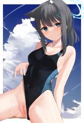 Rule 34 | 1girl, absurdres, animal ear fluff, animal ears, black eyes, black hair, black one-piece swimsuit, blue archive, blue sky, blush, breasts, cleft of venus, closed mouth, clothing aside, cloud, collarbone, commentary request, competition swimsuit, covered navel, day, highleg, highres, looking at viewer, medium breasts, memekko, one-piece swimsuit, shiroko (blue archive), shiroko (swimsuit) (blue archive), sky, solo, swimsuit, swimsuit aside, thighs, wet