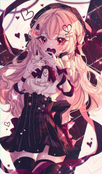 Rule 34 | 1girl, absurdres, bad id, bad pixiv id, black dress, black thighhighs, dress, hair between eyes, hair ribbon, heart, heart necklace, highres, huge filesize, jewelry, light particles, long hair, looking at viewer, nail polish, necklace, original, pink hair, red eyes, red nails, ribbon, sidelocks, solo, thighhighs, wine (2148 wine), zettai ryouiki