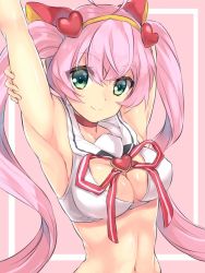 Rule 34 | 10s, 1girl, animal ears, arm behind head, armpits, arms up, bow, breasts, cleavage, cleavage cutout, clothing cutout, crop top, fake animal ears, green eyes, hair bow, highres, long hair, looking at viewer, maruki (punchiki), navel, pink hair, rosia (show by rock!!), show by rock!!, simple background, smile, solo, twintails, upper body, very long hair