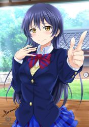 Rule 34 | 10s, 1girl, blazer, blue hair, blush, bow, bowtie, breasts, jacket, long hair, looking at viewer, love live!, love live! school idol project, medium breasts, nez-box, pointing, red bow, red bowtie, school uniform, smile, solo, sonoda umi, standing, sweater vest, yellow eyes