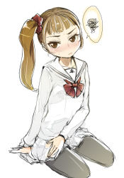 Rule 34 | 1girl, black pantyhose, blush, bow, brown eyes, brown hair, female focus, fictional persona, mune, original, pantyhose, school uniform, serafuku, side ponytail, simple background, sitting, sketch, skirt, solo, speech bubble, squiggle, sweat, white background