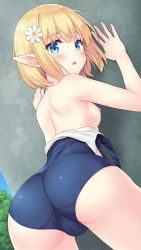 Rule 34 | 1girl, against wall, arms up, ass, bare back, bare shoulders, blonde hair, blue eyes, blush, breasts, clothes pull, commentary request, elf, flower, from behind, hair flower, hair ornament, leaning forward, looking back, nipples, off shoulder, one-piece swimsuit, one-piece swimsuit pull, open mouth, original, outdoors, pointy ears, presenting, school swimsuit, short hair, small breasts, solo, swimsuit, thighs, yamasan
