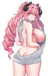 Rule 34 | 1girl, absurdres, ass, backless outfit, bare back, bare shoulders, blue eyes, blush, breasts, butt crack, commission, cowboy shot, dress, grey dress, halterneck, highres, horns, huge breasts, long hair, looking at viewer, looking back, meme attire, naked sweater, original, pink hair, sideboob, simple background, skeb commission, smile, solo, suruga (xsurugax), sweater, sweater dress, transparent background, turtleneck, turtleneck sweater, virgin killer sweater, white background