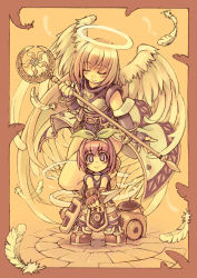 Rule 34 | 2girls, angel, angel wings, border, cart, dagger, feathered wings, feathers, guard, halo, holding, holding dagger, holding knife, holding staff, holding weapon, knife, looking at viewer, mil (xration), multiple girls, pale color, ragnarok online, ribbon, staff, standing, super novice (ragnarok online), weapon, wings