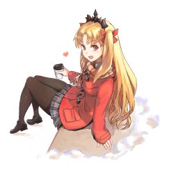Rule 34 | 1girl, amado (shin), black footwear, blonde hair, blue skirt, bow, brown pantyhose, coat, coffee cup, commentary request, cup, disposable cup, duffel coat, ereshkigal (fate), fate/grand order, fate (series), fringe trim, hair bow, holding, holding cup, loafers, long hair, long sleeves, looking at viewer, open mouth, pantyhose, parted bangs, plaid, plaid scarf, plaid skirt, pleated skirt, red bow, red coat, red eyes, scarf, shoes, simple background, sitting, skirt, snow, solo, tiara, winter clothes