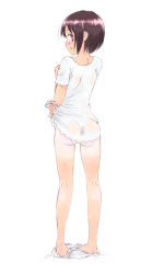 Rule 34 | 1girl, ass, barefoot, blush, bottomless, brown eyes, brown hair, full body, highres, looking at viewer, looking back, open mouth, original, panties, panties around ankles, panty pull, see-through, short hair, short sleeves, solo, standing, takahashi mugi, tan, tanline, underwear, white background