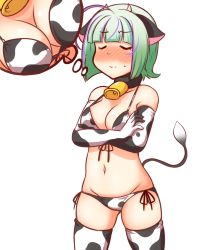 Rule 34 | 1girl, ahoge, animal ears, animal print, bell, bikini, blush, bob cut, breasts, cleavage, cow ears, cow horns, cow print, cow tail, cowbell, cowboy shot, crossed arms, embarrassed, closed eyes, fake animal ears, fake horns, gloves, green hair, groin, horns, imagining, inverted bob, kanon (kurogane knights), kantai collection, large breasts, multicolored hair, navel, nose blush, one-hour drawing challenge, purple hair, short hair, side-tie bikini bottom, solo, streaked hair, swimsuit, tail, take (kancolle), white bikini, white gloves, white legwear