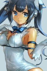 Rule 34 | 10s, 1girl, arm ribbon, black hair, blue background, blue eyes, breasts, cleavage, covered navel, dress, dungeon ni deai wo motomeru no wa machigatteiru darou ka, gloves, hair ornament, hand on own chest, hestia (danmachi), hungry clicker, looking at viewer, medium breasts, parted lips, rei no himo, ribbon, short dress, simple background, smile, solo, twintails, white dress, white gloves
