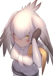 Rule 34 | 1girl, absurdres, akuma (st.takuma), black gloves, blonde hair, breast pocket, breasts, commentary, fingerless gloves, gloves, grey shirt, grey shorts, hair between eyes, head wings, highres, kemono friends, large breasts, looking at viewer, multicolored hair, necktie, pocket, shirt, shoebill (kemono friends), shorts, simple background, single sidelock, solo, two-tone hair, white background, white necktie, wings, yellow eyes