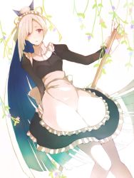 Rule 34 | apron, blue hair, breasts, brynhildr (fate), fate/prototype, fate/prototype: fragments of blue and silver, fate (series), flower, frills, hair ornament, highres, long hair, open mouth, ponytail, purple eyes, ribbon, very long hair