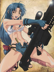 Rule 34 | 00s, 1girl, absurdres, bandeau, between legs, blue hair, bow, breasts, brown eyes, bullet, chidori kaname, cleavage, crop top, full metal panic!, gloria (daphne in the brilliant blue), gun, hair bow, highres, hikari to mizu no daphne, long hair, low-tied long hair, midriff, one eye closed, open mouth, ponytail, rifle, sandals, scope, shorts, smile, sniper rifle, solo, squatting, strapless, third-party edit, tube top, weapon, wink