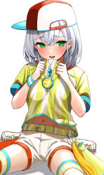 Rule 34 | 1girl, absurdres, alternate breast size, asymmetrical legwear, backwards hat, baseball cap, blush, clothes lift, cosplay, green eyes, grey hair, hat, highres, hololive, lifting own clothes, looking at viewer, megaphone, midriff, mismatched legwear, navel, oozora subaru, oozora subaru (1st costume), oozora subaru (cosplay), open mouth, orange thighhighs, shirogane noel, shirt, shirt lift, shoes, short hair, short sleeves, shorts, simple background, sitting, sneakers, solo, stopwatch, striped clothes, striped shirt, sweatband, t-shirt, thighhighs, tied shirt, two-tone shirt, uuroncha, vertical-striped clothes, vertical-striped shirt, virtual youtuber, wariza, watch, whistle, whistle around neck, white background, white footwear, white shirt, white shorts, white thighhighs, wristband, yellow shirt