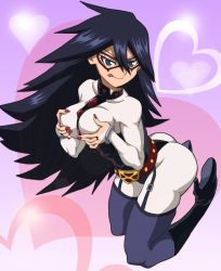 Rule 34 | 10s, 1girl, :p, artist request, ass, belt, belt buckle, black hair, blue eyes, bodysuit, boku no hero academia, boots, grabbing another&#039;s breast, breasts, buckle, cuffs, dominatrix, domino mask, full body, garter straps, grabbing, grabbing own breast, hair between eyes, half-closed eyes, handcuffs, hands up, happy, heart, high heel boots, high heels, kneeling, large breasts, leaning forward, leotard, long hair, looking at viewer, masaru (win800), mask, midnight (boku no hero academia), muscular, nail polish, sitting, skin tight, skindentation, smile, solo, spiked hair, thighhighs, tongue, tongue out, very long hair