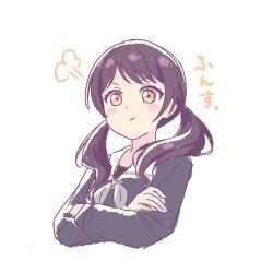 Rule 34 | 1girl, bang dream!, black hair, blush, brown eyes, closed mouth, crossed arms, futaba tsukushi, grey neckerchief, highres, long hair, long sleeves, looking at viewer, neckerchief, pout, puff of air, sailor collar, school uniform, sidelocks, solo, sukenine, swept bangs, translation request, tsukinomori school uniform, twintails, v-shaped eyebrows, white background, white sailor collar