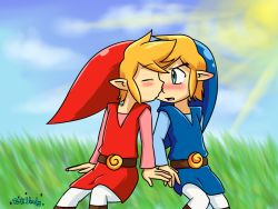 Rule 34 | 2boys, alternate color, belt, blonde hair, blue eyes, blue headwear, blush, closed eyes, couple, day, elf, embarrassed, grass, hat, imminent kiss, link, looking at another, male focus, multiple boys, nintendo, open mouth, pointy ears, red headwear, selfcest, short hair, shy, sitting, sky, sun, the legend of zelda, toon link, twilishady, yaoi