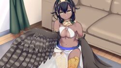 Rule 34 | 1girl, armlet, artist request, bare shoulders, bird legs, black hair, breasts, brown wings, couch, dark-skinned female, dark skin, egyptian clothes, feathered wings, game cg, green hairband, hair between eyes, hair intakes, hair tubes, hairband, harpy, indoors, looking at viewer, medium breasts, medium hair, moira (monster musume), monster girl, monster musume no iru nichijou, monster musume no iru nichijou online, navel, official art, on floor, semi-transparent, solo, sweatdrop, usekh collar, winged arms, wings, yellow eyes